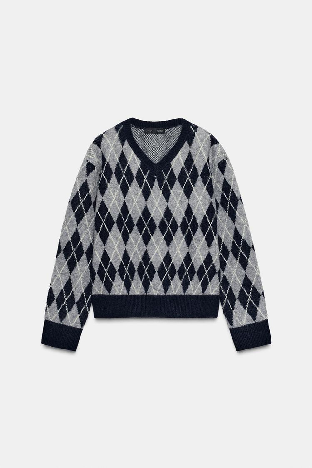 ZARA СВИТЕР С УЗОРОМ «РОМБЫ», СЕРЫЙ/СИНИЙ