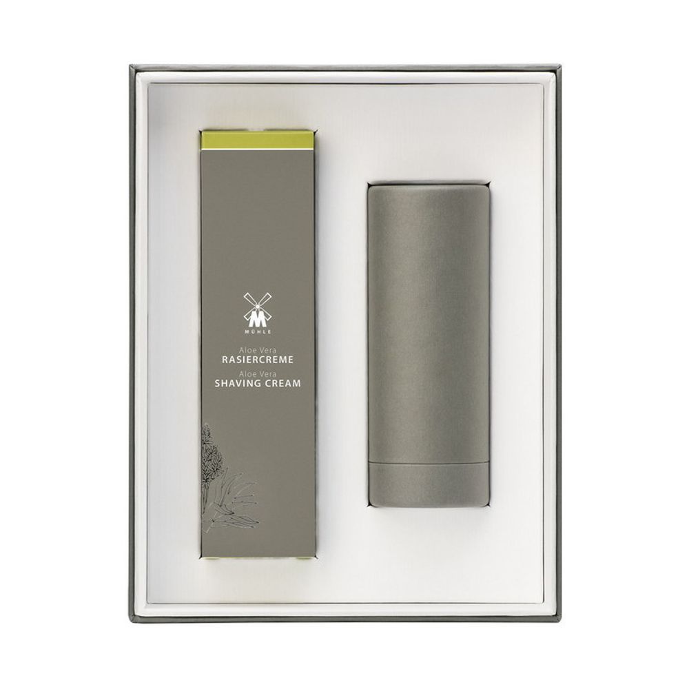 Подарочный набор для бритья MUEHLE, крем для бритья Алоэ Вера, черный помазок RYTMO с ворсом из фибры (MSS AV)
