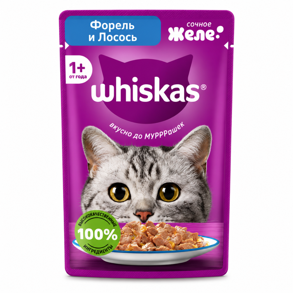 Влажный корм Whiskas Желе Форель и лосось 75 гр