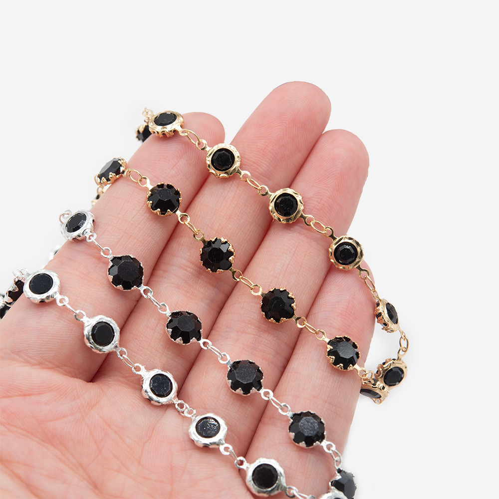 Цепь в цапах "Афродита", 6,5мм, черное ювелирное стекло, позолота