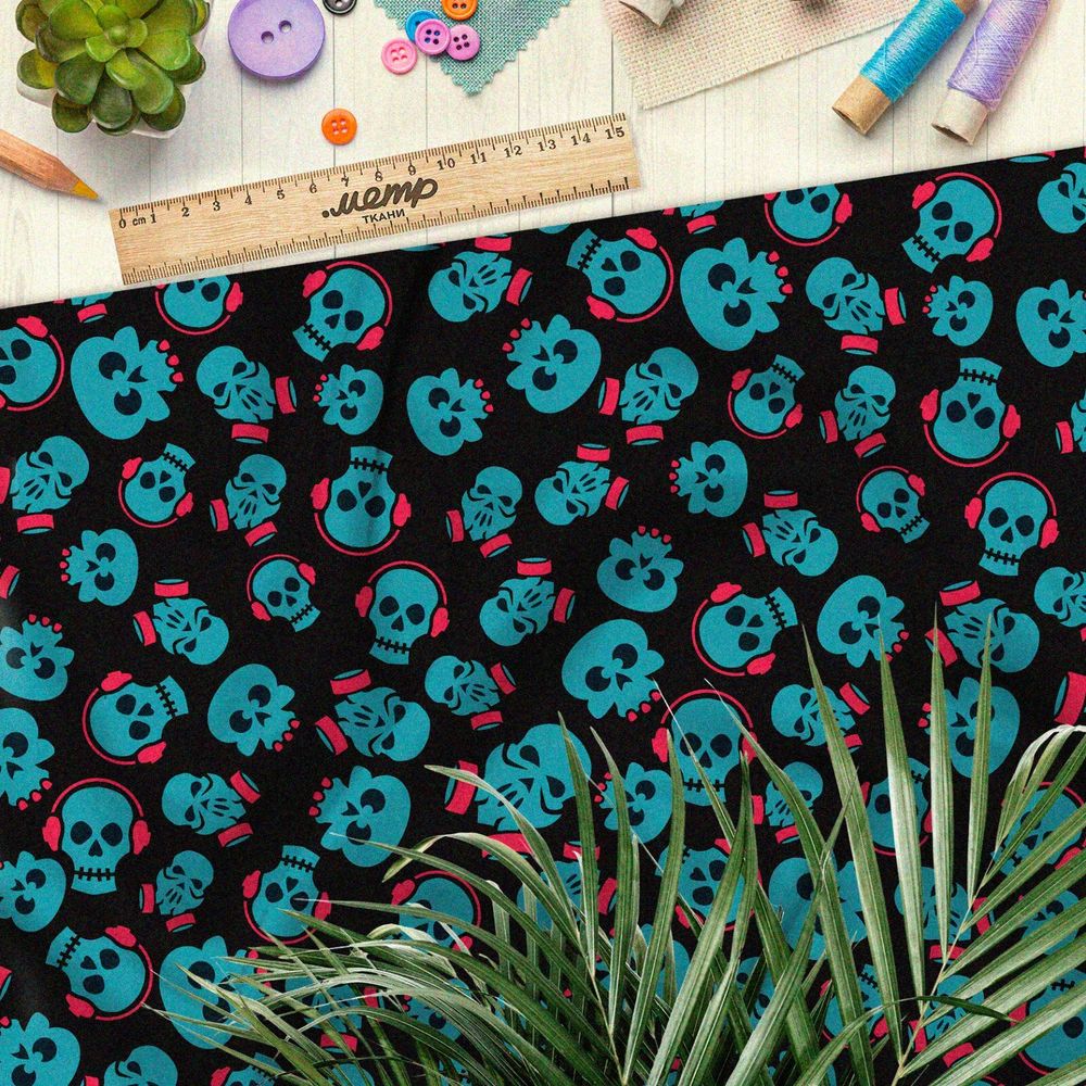 Ткань оксфорд 600 зелёные черепа в розовых наушниках и респираторах