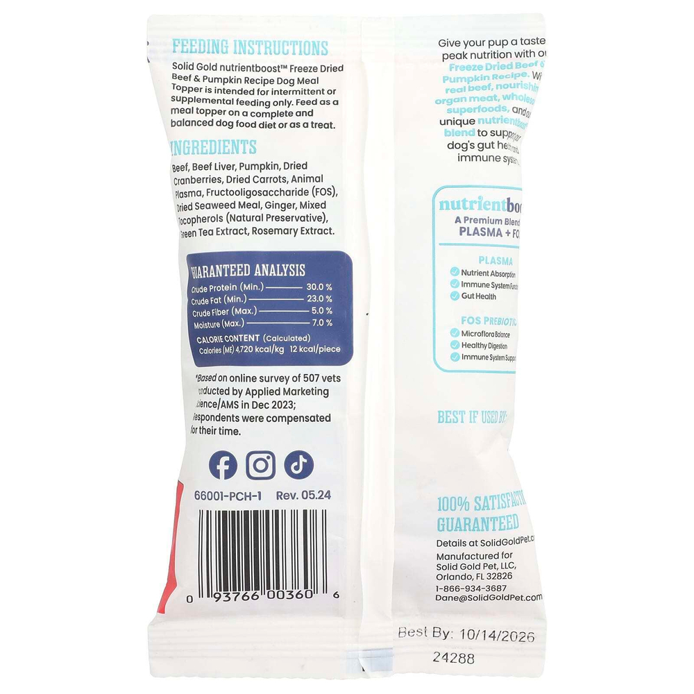 Solid Gold, Freeze Dried Raw Meal Topper, для собак, для всех возрастов, по рецепту из говядины и тыквы, 42 г (1,5 унции)