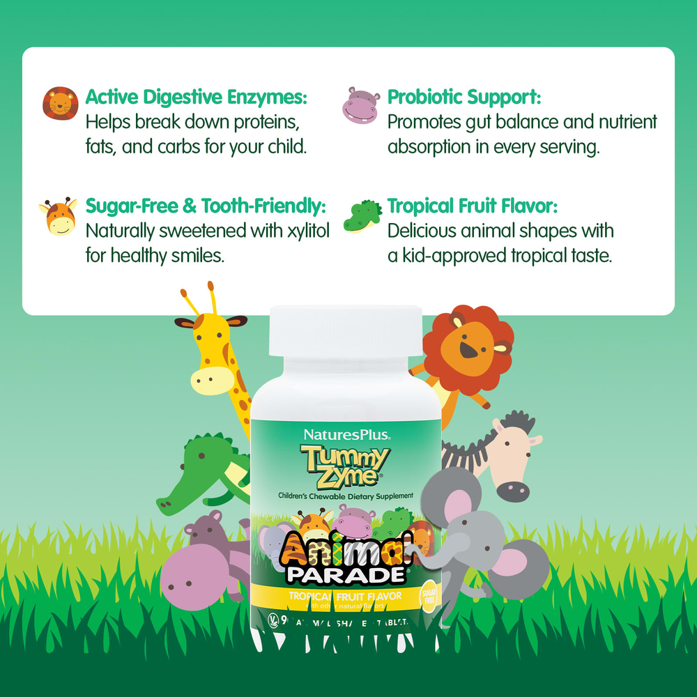 NaturesPlus, Animal Parade®, Tummy Zyme®, добавка для поддержки пищеварения, тропические фрукты, 90 таблеток в форме животных