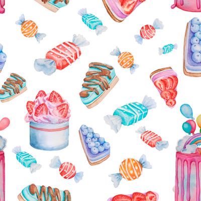 Seamless texture with Watercolor painting of sweet cake pattern.