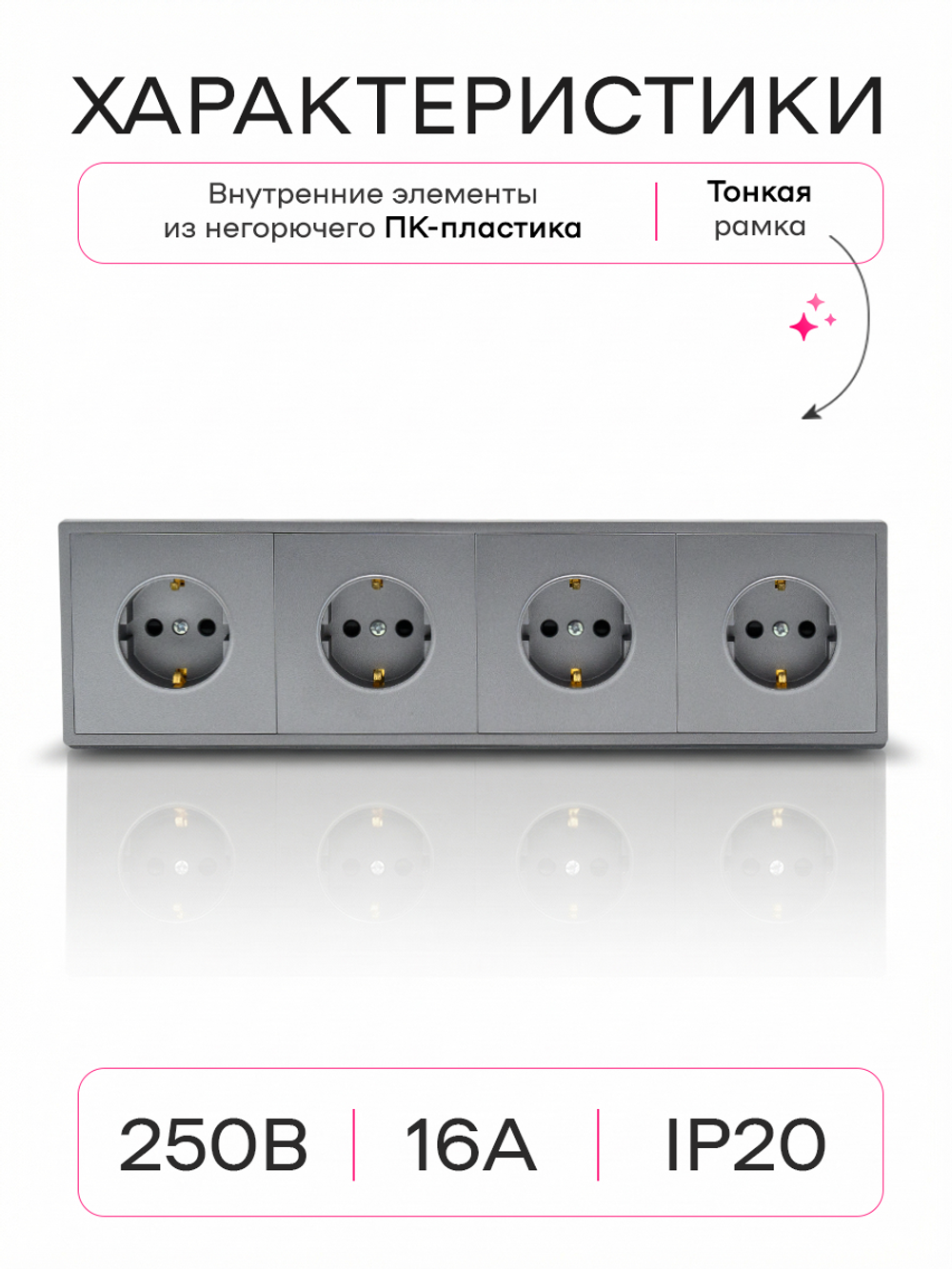 Розетка внутренняя четверная с заземлением серая