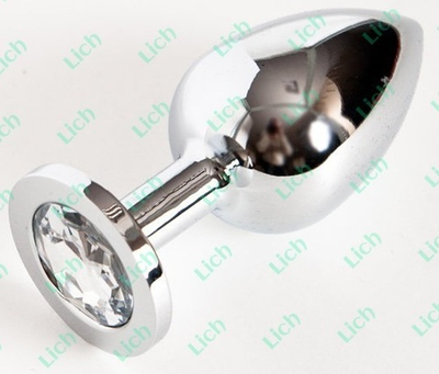 Большая серебристая анальная втулка с прозрачным кристаллом