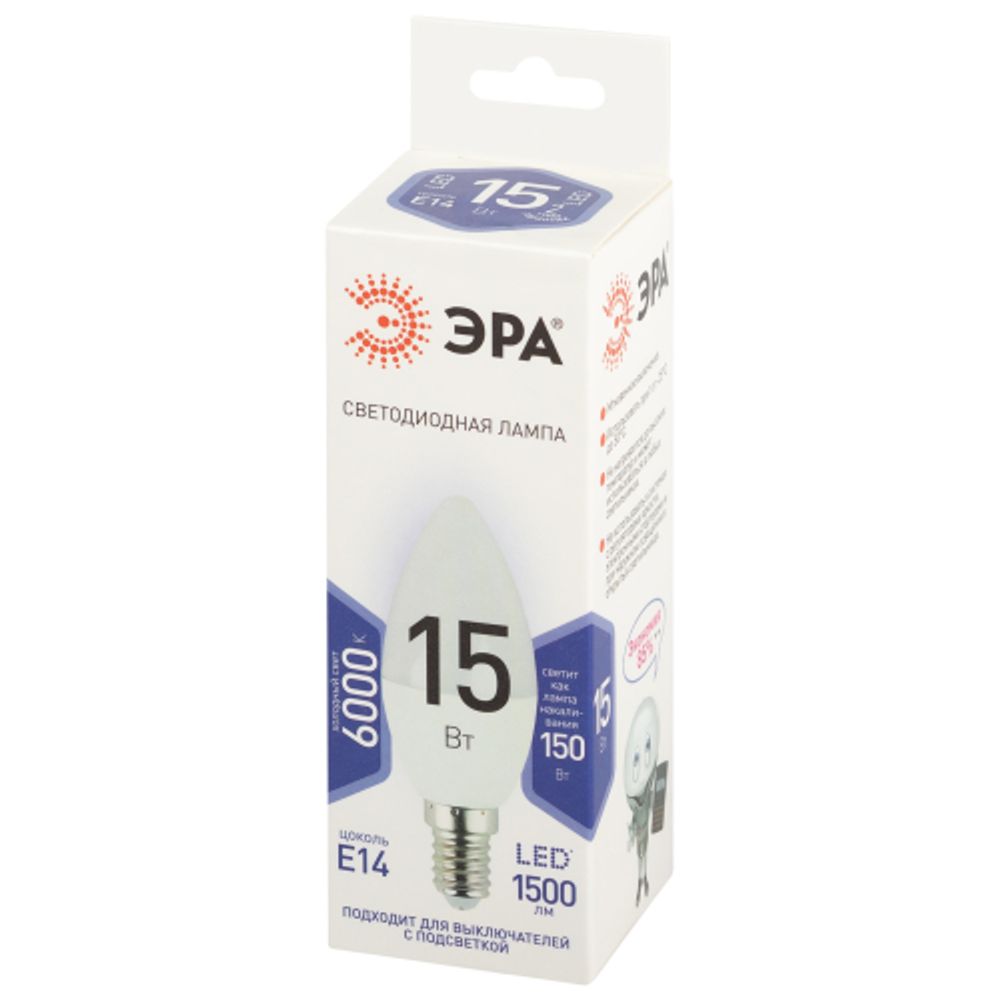 Лампа светодиодная ЭРА STD LED B35-15W-860-E14 15Вт свеча холодный дневной свет Е14 | Лампы cветодиодные Свеча (B/C)