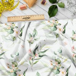 Ткань лен акварельные листья с цветами