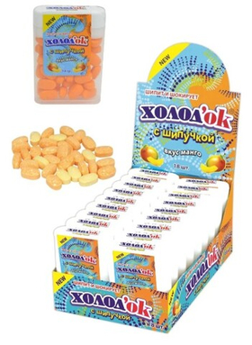 Сахарное драже"Холодок"со вкусом МАНГО (с шипучкой), в дисплей боксе, 18*14гр