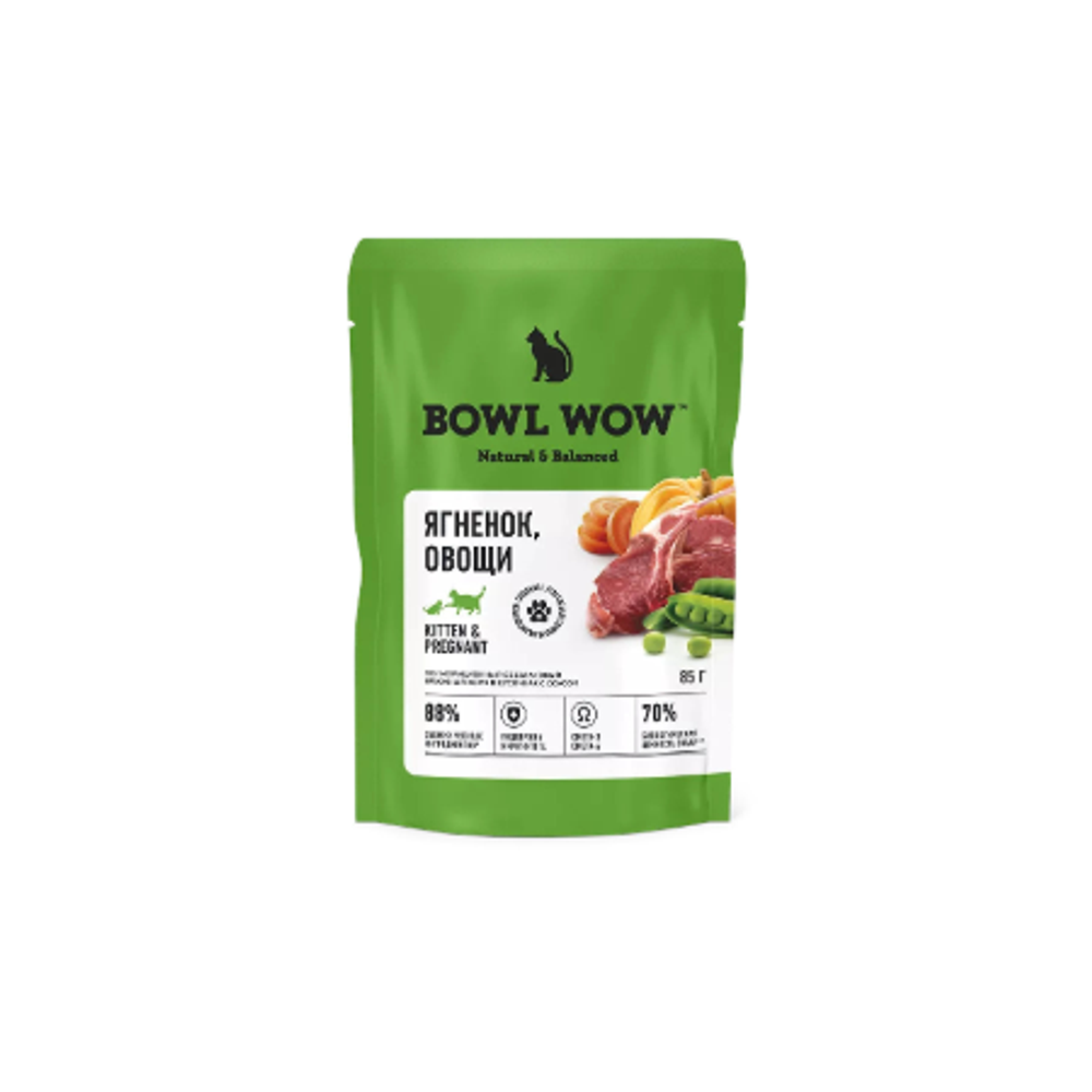 Влажный корм для котят и беременных кошек беззерновой с ягненком и овощами в соусе BOWL WOW 0,085 г. 12 упаковок