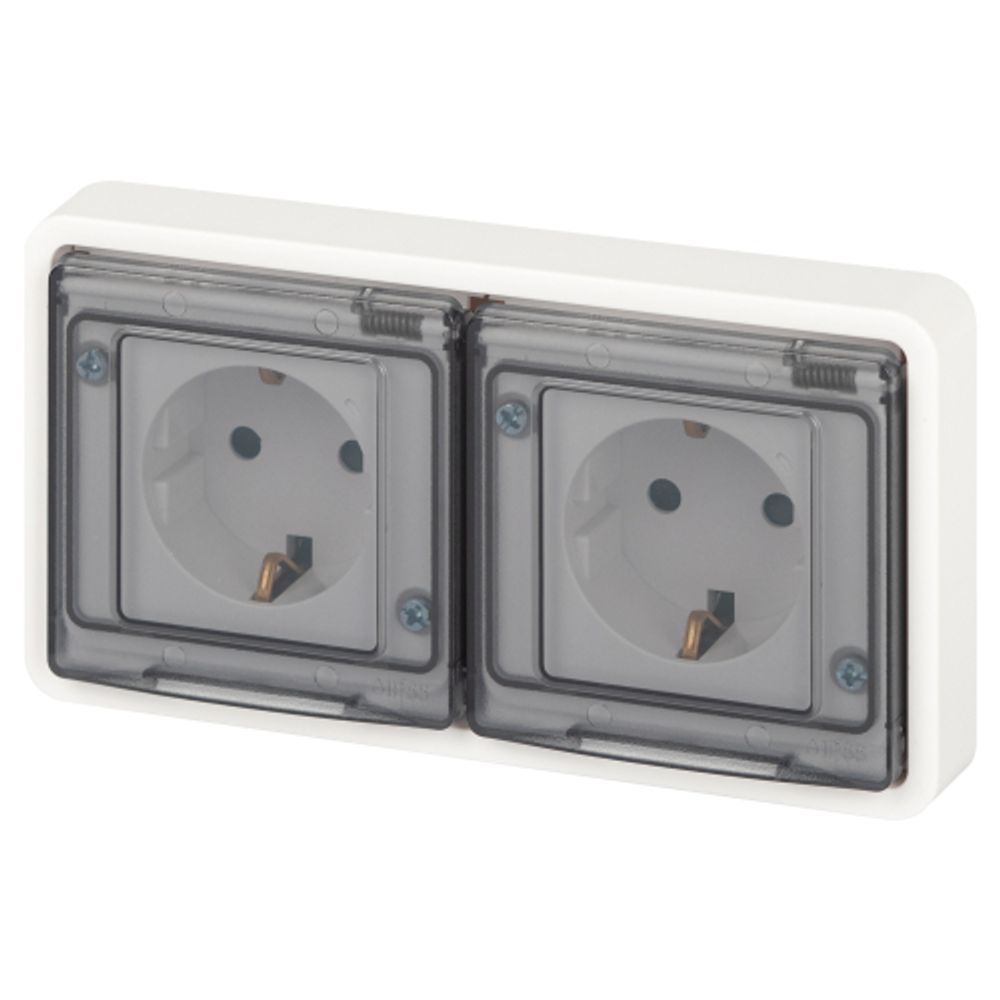 Розетка ЭРА Эксперт 11-2524-01 двойная с заземлением с крышкой 2х2P+E горизонт. IP55 шторки 16A-250В СУ белый | Эра Эксперт