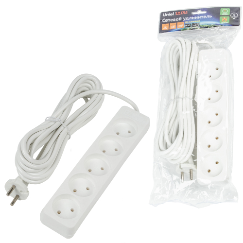 S-CU5-5 WHITE Удлинитель серии Ultra, шнур 5м., 5 гнезд, 10A, б/з. Белый. TM Uniel