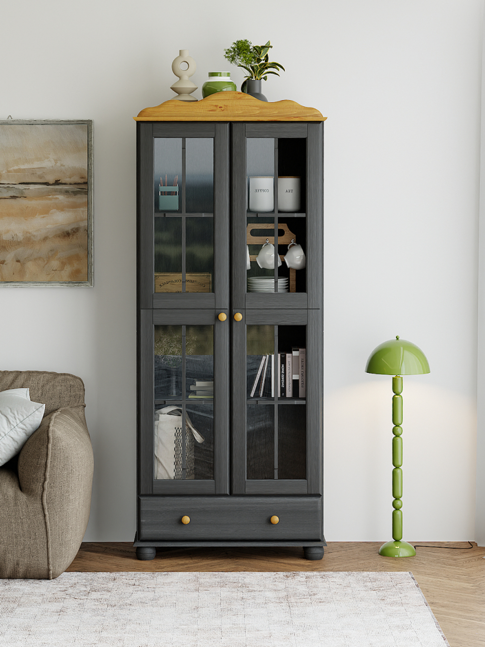 Шкаф витрина 2 двери 1 ящик Бритта из массива сосны, серый