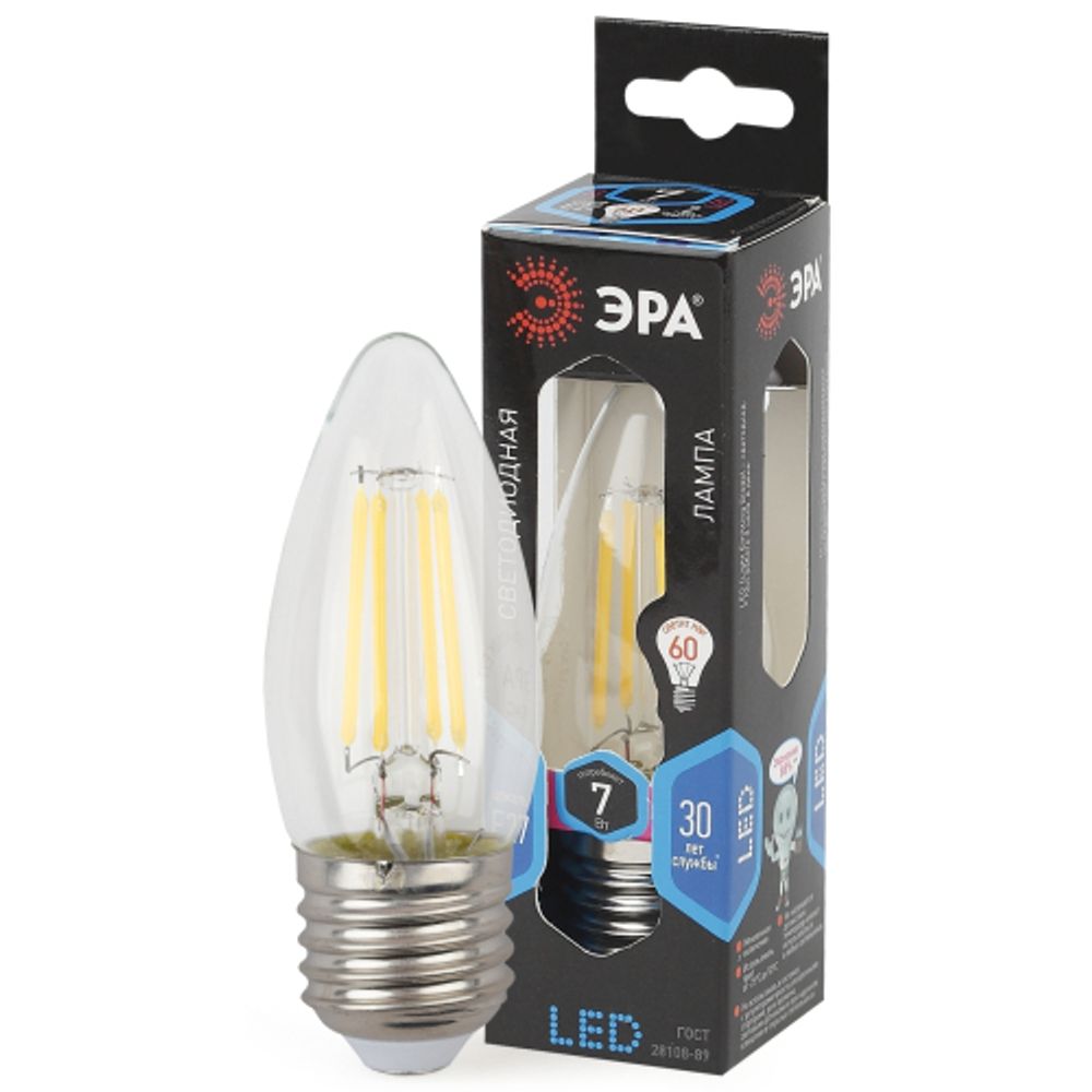 Лампа светодиодная ЭРА F-LED B35-7W-840-E27 7Вт филамент свеча нейтральный белый свет Е27 | Филаментные декоративные