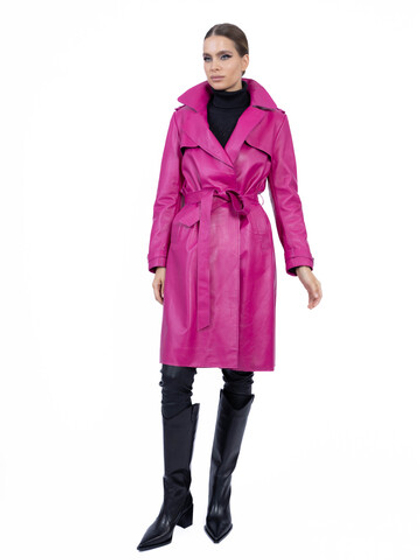 Женский кожаный плащ фуксия с поясом