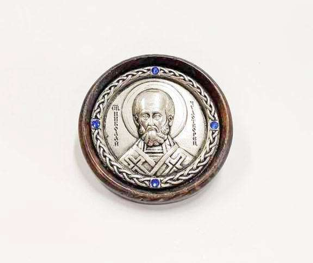 Автоикона круглая свт. Николай Чудотворец  (дерево, медь, стразы)