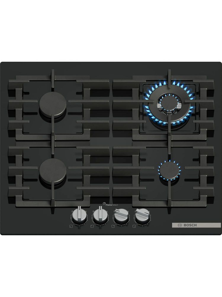 Встраиваемая газовая панель BOSCH PPH6A6I40O Serie 6, независимая, 4 конфорки, WOK-конфорка, 9 уровней, чёрный