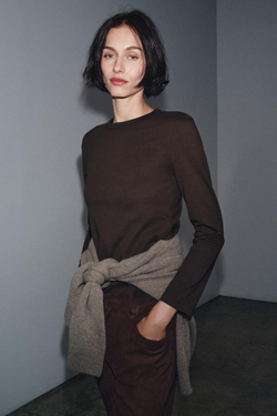 ZARA ФУТБОЛКА INTERLOCK С ДЛИННЫМИ РУКАВАМИ, ШОКОЛАДНЫЙ