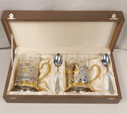 Набор подстаканников с позолотой Герб и Армия в фуляре