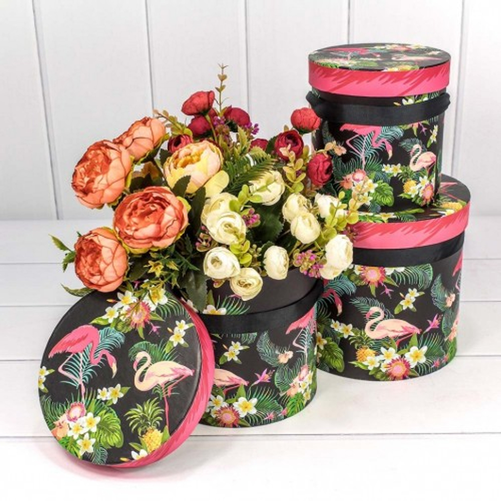 Коробка 18х17 см Набор 3 шт "Фламинго на чёрном фоне" (Черный)