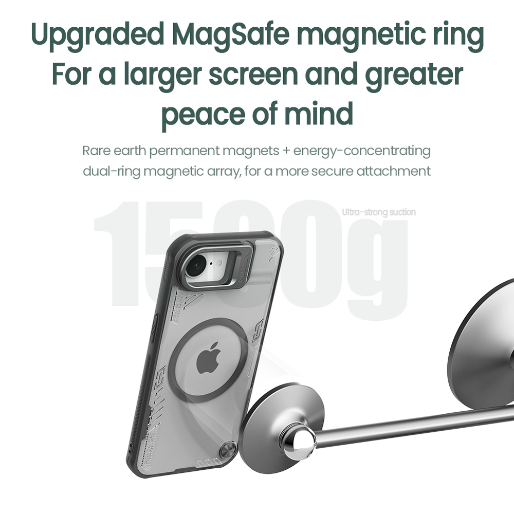 Чехол прозрачный от Nillkin с металлической крышкой и поддержкой MagSafe на iPhone 16e, серия Iceblade Prop Magnetic Case (версия с открытой камерой)