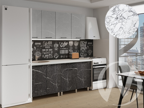 Кухня Мэйбл 1.8м (корпус белый/мрамор лайт; мрамор дарк) 26мм мрамор итальянский