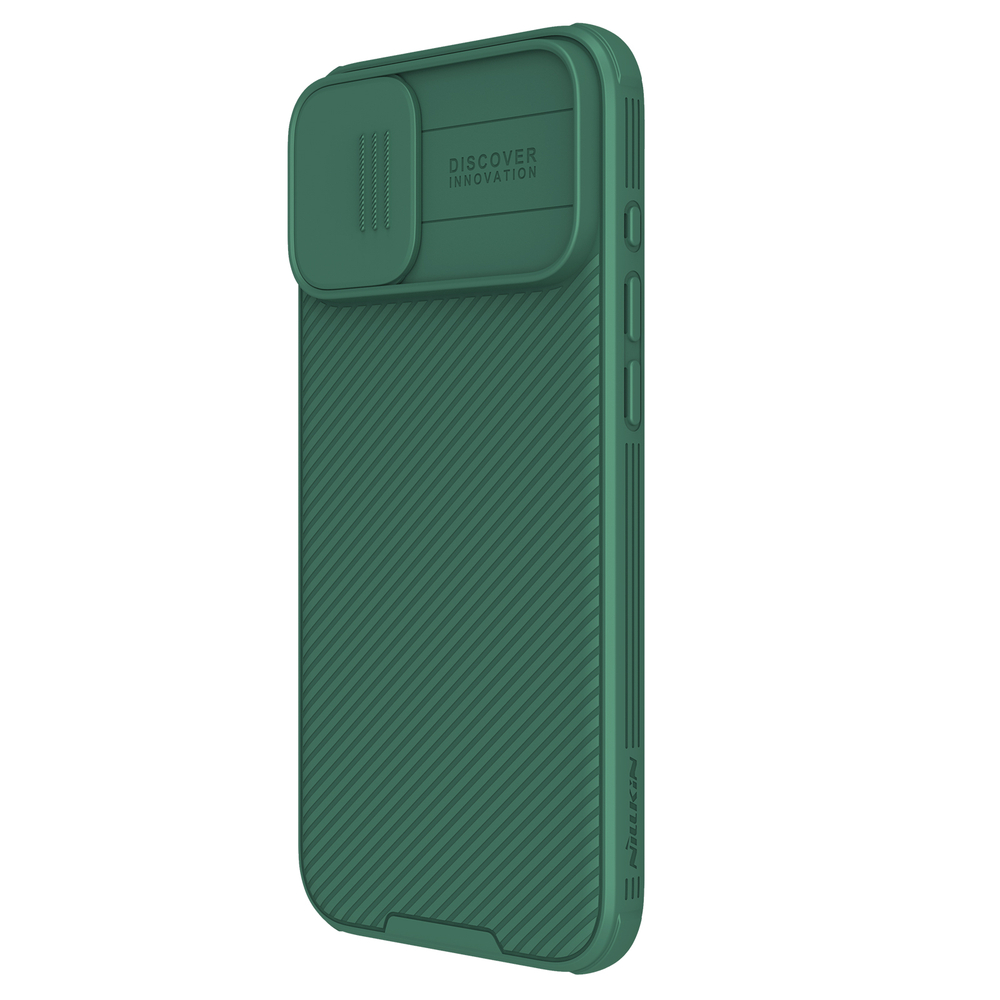 Усиленный чехол зеленого цвета (Dark Green) с сдвижной шторкой для камеры от Nillkin для iPhone 16, серия CamShield Pro Case