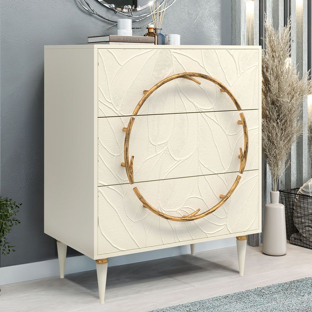 Комод Арт Колор leaves Классик Голд с 3 ящиками Кремовый белый