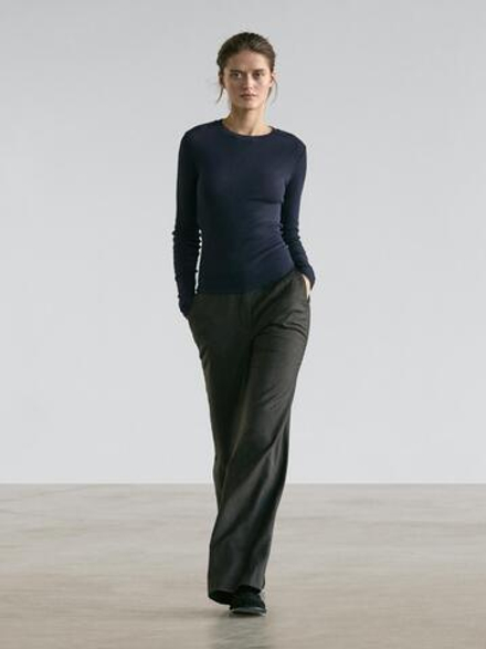 Massimo Dutti Футболка из смесового хлопка с длинными рукавами, темно-синий