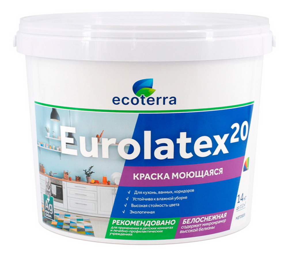 Краска ВД-АК 2180 моющаяся 14 кг Eurolatex Белоснежная Ecoterra