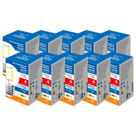 LED-G45-4W-4000K-E27-CL-SLF Набор из 10штук Лампа светодиодная. Форма шар. прозрачная. Серия Optima Филамент. Белый свет 4000K. ТМ Volpe