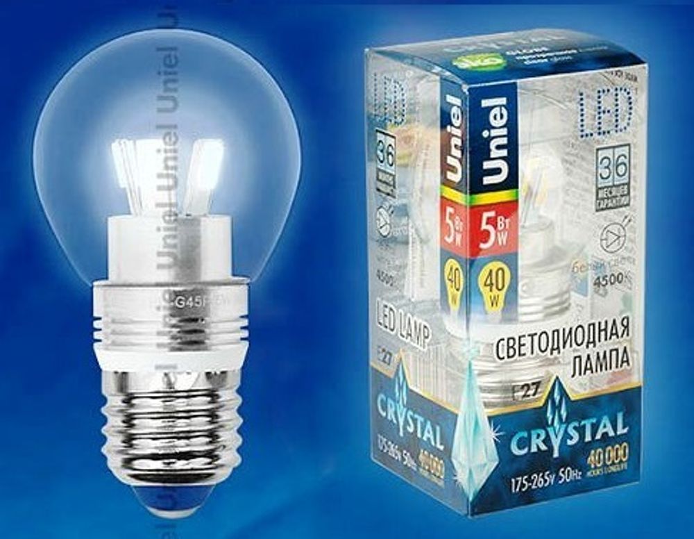 LED-G45P-5W/WW/E27/CL ALC02SL PROMO Лампа светодиодная, в составе набора из 3шт. Форма шар, прозрачная колба. Серия Crystal. Материал корпуса алюмин
