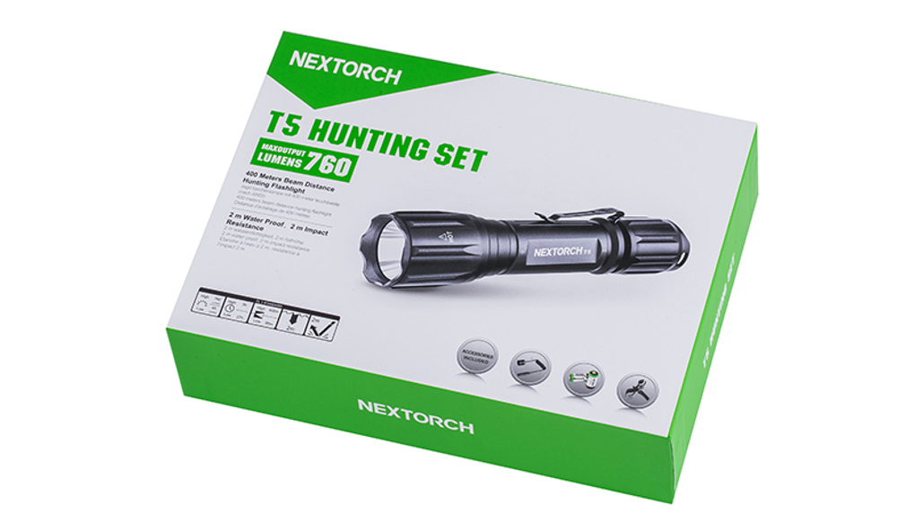 Фонарь с комплектом тактический Nextorch T5, 760 lm, Long Range, вынос. кнопка, клипса, кронштейн, 2хCR123 (3 шт./уп.)