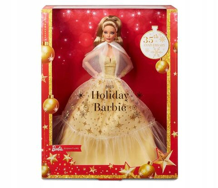Кукла Barbie Mattel Signature - Фирменная рождественская кукла Барби 2023 со светлыми волосами в золотом платье HJX06