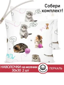 Наволочка комплект 2шт перкаль Сказка "Пушистики" 30х30 см на молнии
