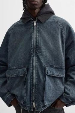 ZARA ДЖИНСОВАЯ КУРТКА С КОНТРАСТНЫМ ВОРОТНИКОМ, СИНИЙ