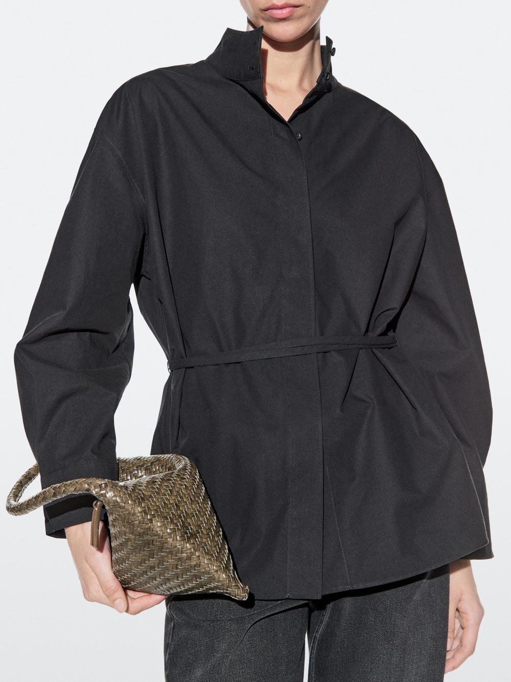 Massimo Dutti Маленькая плетеная кожаная сумка через плечо, хаки