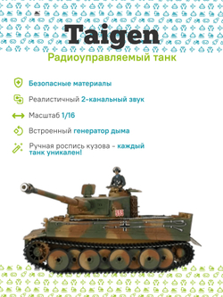 Радиоуправляемый танк Taigen 1/16 Tiger 1 с дымом и звуковыми эффектами, инфракрасная пушка, 2.4G RTR, высокая детализация