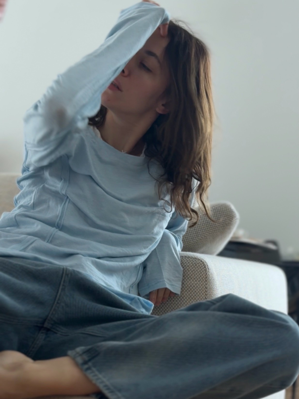 Лонг льняной голубой с рельефами