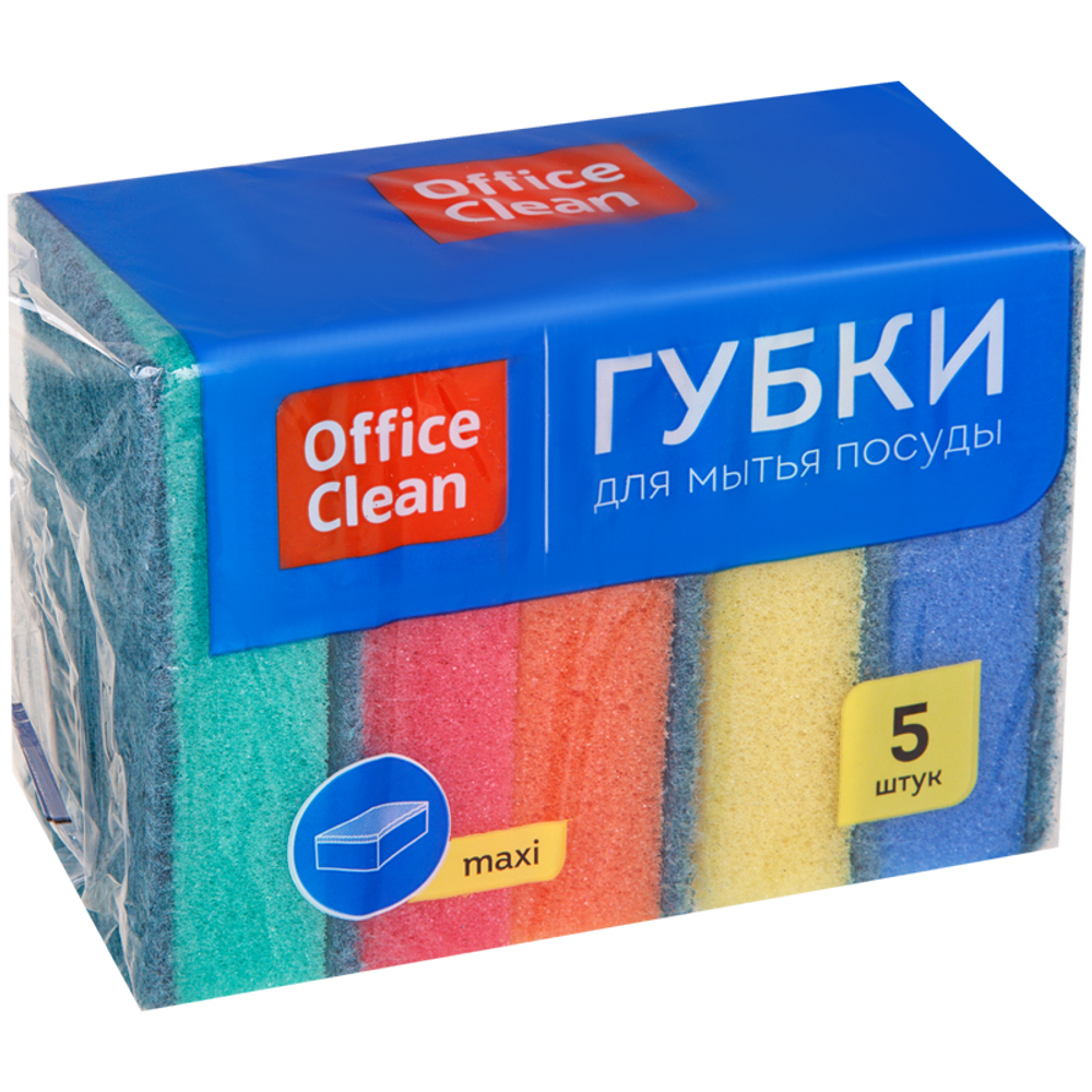 Губка для мытья посуды OfficeClean "Maxi", поролон с абразивным слоем, 90х65х27 мм, 5 штук