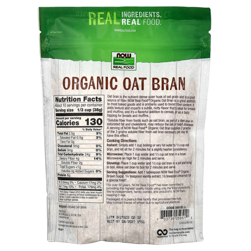NOW Foods, Real Food, органические овсяные отруби, 397 г (14 унций)