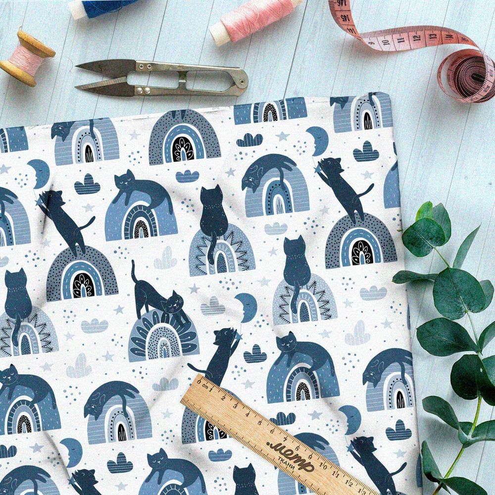 Ткань сатин синие кошки скачут по холмам