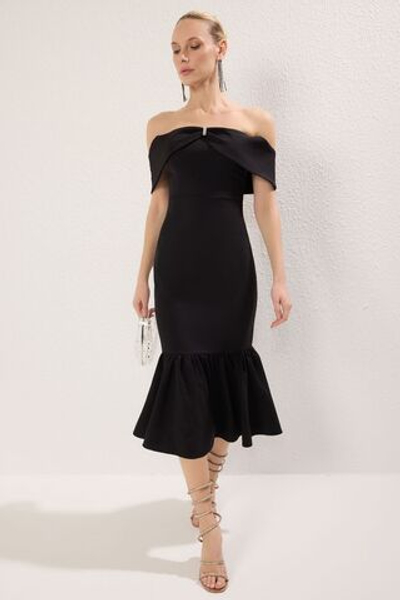 Черное стильное вечернее платье миди с вырезом Кармен и бантом, вечернее платье для выпускного вечера TPRSS25EL00213