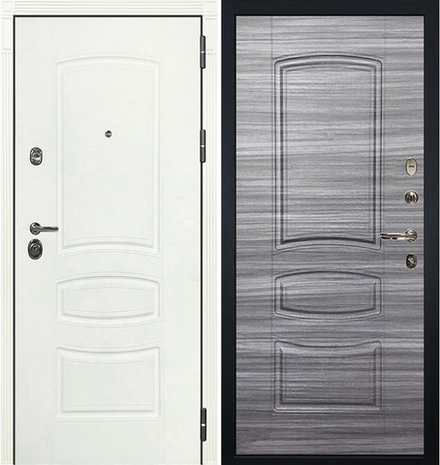 Входная металлическая дверь Лекс Сенатор 3К  Белая шагрень  №69 Сандал серый поперечный