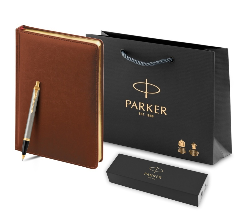 Подарочный набор: Шариковая ручка Parker IM Metal Core Brushed Metal GT и Ежедневник недатированный А5 коричневый