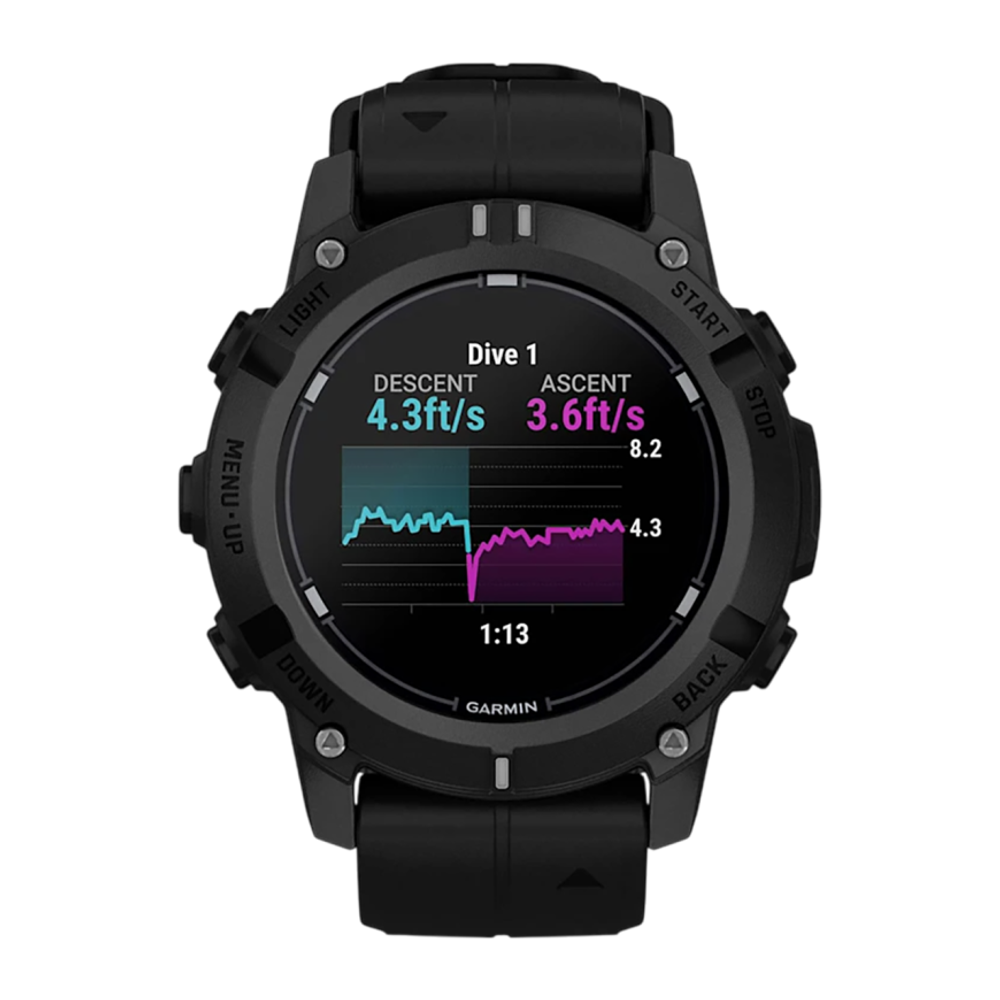 Спортивные часы Garmin Descent G2, чёрный силиконовый ремешок Чёрный безель, AMOLED-дисплей с сапфировым стеклом. Ремешок с классической застёжкой — на запястье обхватом 128–224 мм