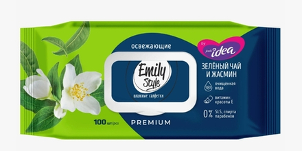 Emily Style ПРЕМИУМ влажные салфетки УНИВЕРСАЛЬНЫЕ ЗЕЛЕНЫЙ ЧАЙ С ЖАСМИНОМ с крышкой 100шт (М)