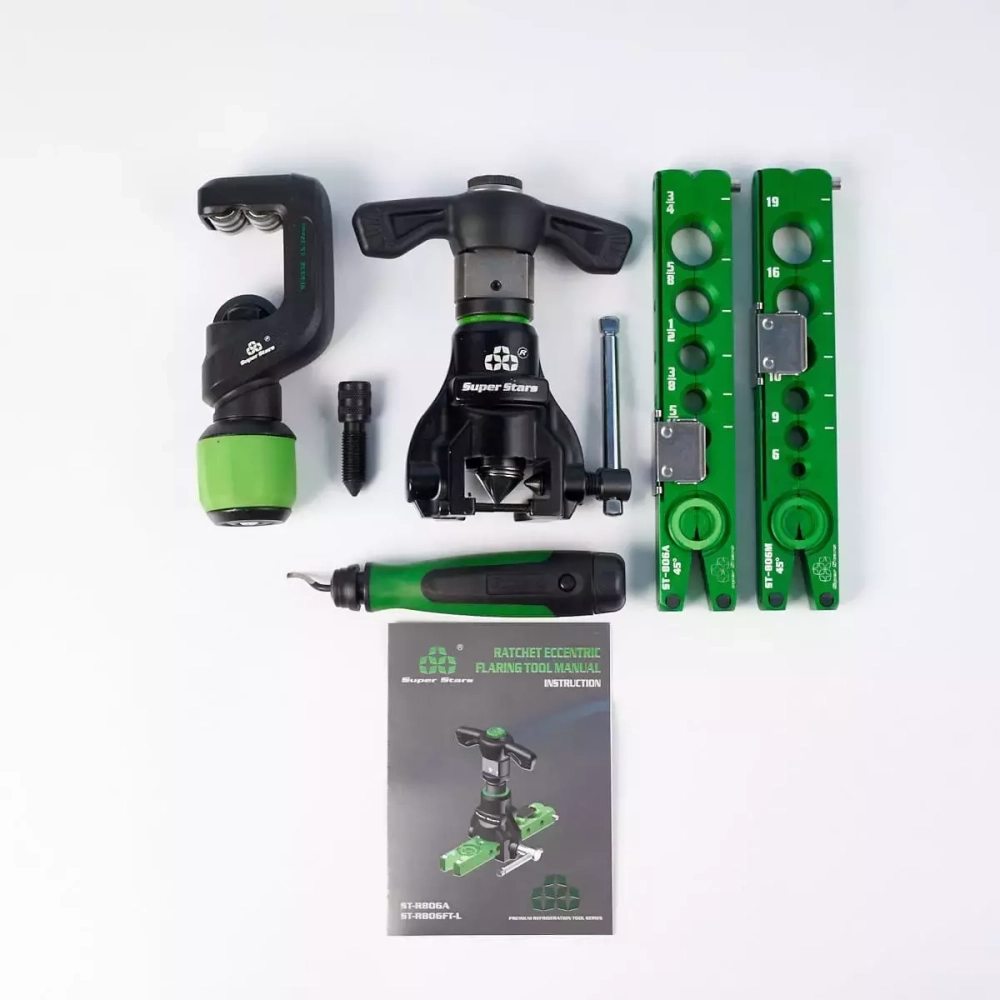 Вальцовка эксцентриковая с реверсом Super Stars ST-R806FT-L (1/4" - 3/4"; 6 - 19мм; облегченная, с ограничителем подачи трубы; с труборезом и риммером в кейсе)