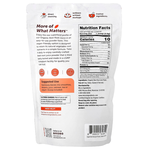 Micro Ingredients, порошок из сока органической свеклы, 454 г (1 фунт)