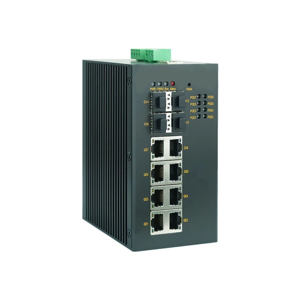 Промышленный управляемый коммутатор, с поддержкой PoE, 4×100Base-X,1000Base-X, 10/100/1000Base-T(X) SFP слота; 8×10/100/1000Base-T(X) RJ45PoE портов, 48В DC (18-57В DC), с резервированием